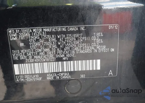 2012 Toyota Rav4 Limited z USA, uszkodzony, nr VIN 2T3DF4DV2CW181227